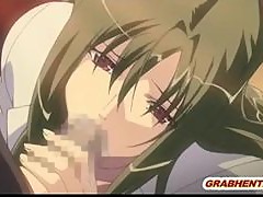 Busty hentai coed sucking stiff dick and swallowing cum